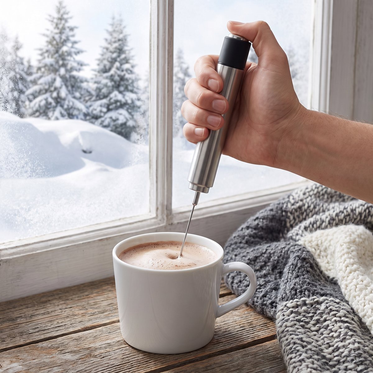 Batteridriven mjölkskummare i rostfritt stål som vispar varm choklad i en mugg på ett fönsterbräde i en svensk vinterstuga