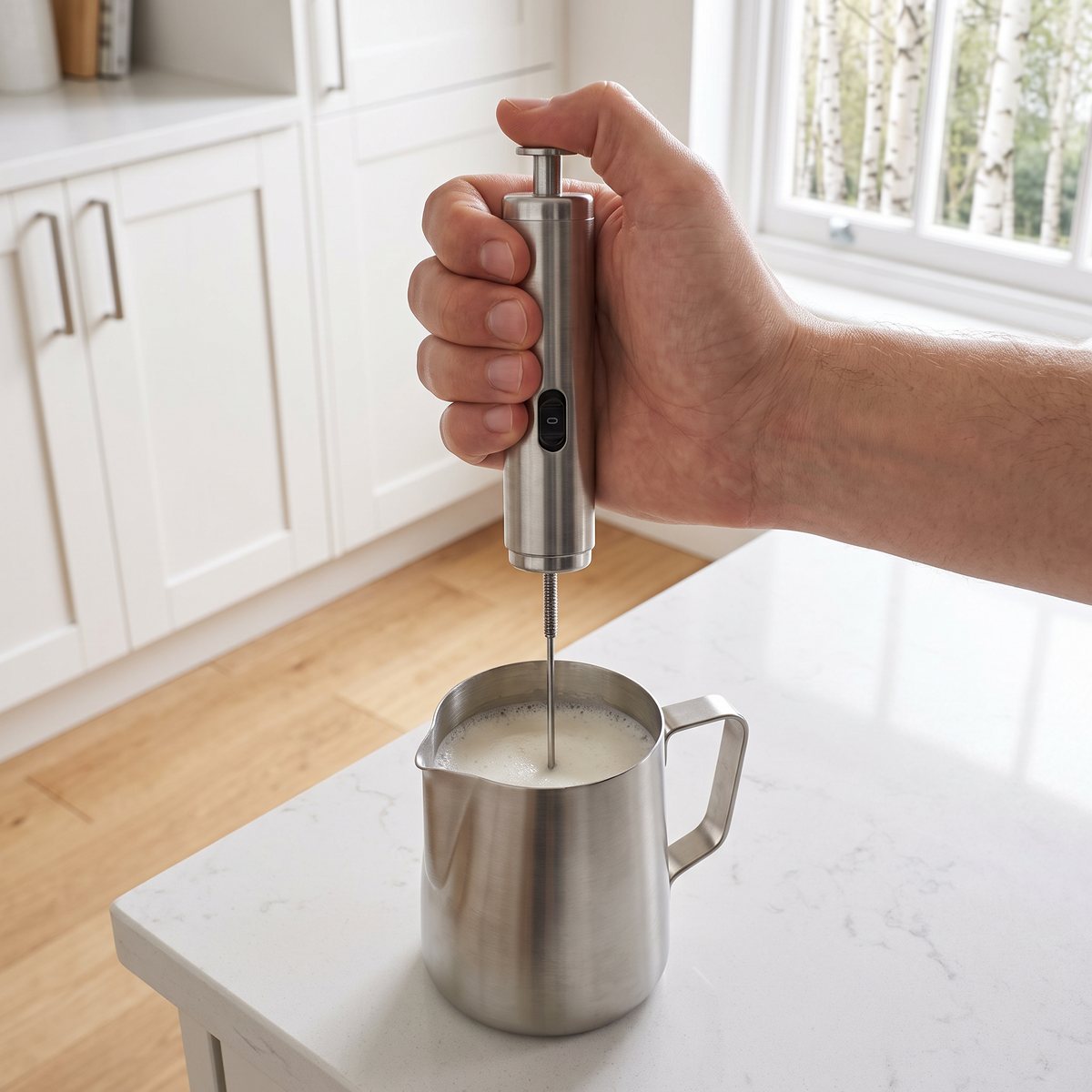 Rösle Milk Frother i rostfritt stål som skummar mjölk i en kanna på en köksbänk i ett svenskt kök