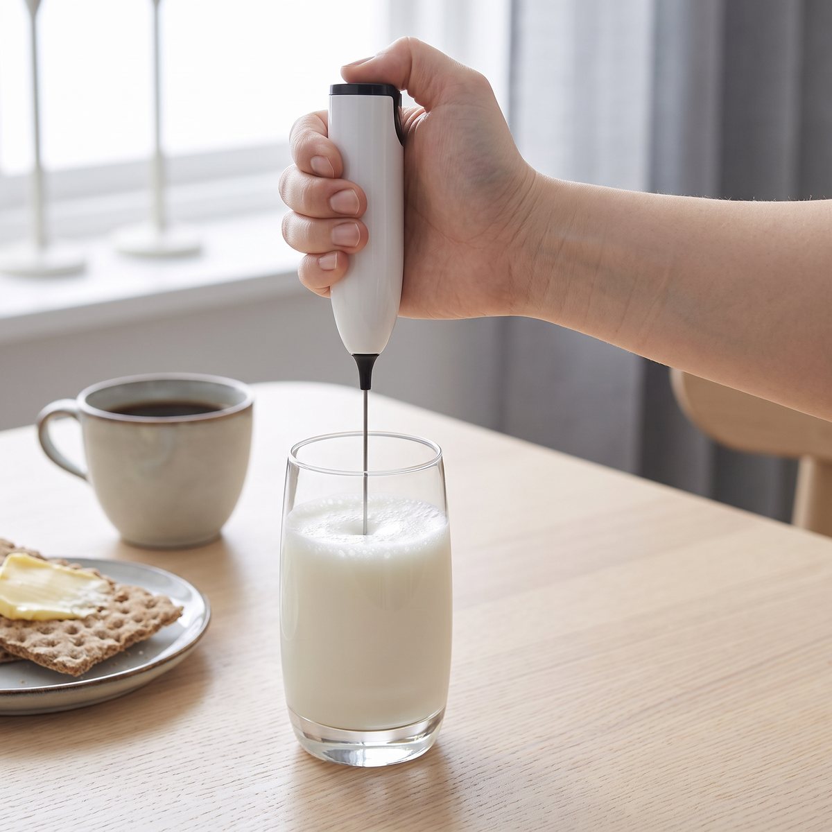 Vit batteridriven mjölkskummare från Rubicson som skummar mjölk i ett glas vid ett frukostbord i ett svenskt hem