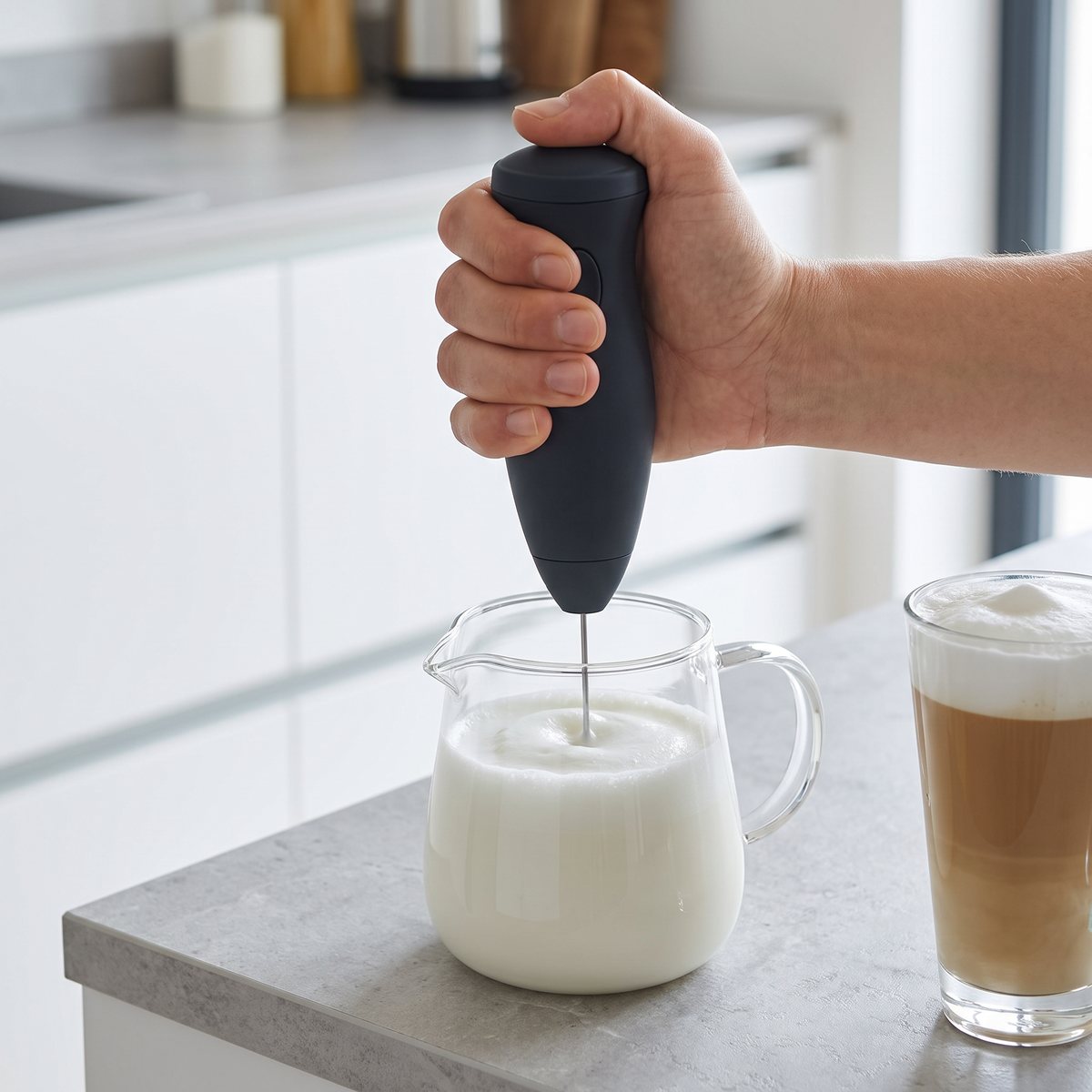 Severin SM 3590 lattevisp som skummar mjölk i en glaskanna på en bänk i ett modernt svenskt kök