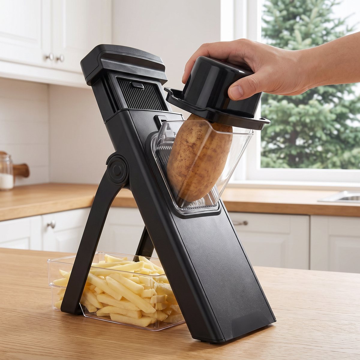 Vertikalt mandolinjärn som skär potatis till pommes strips i ett svenskt kök