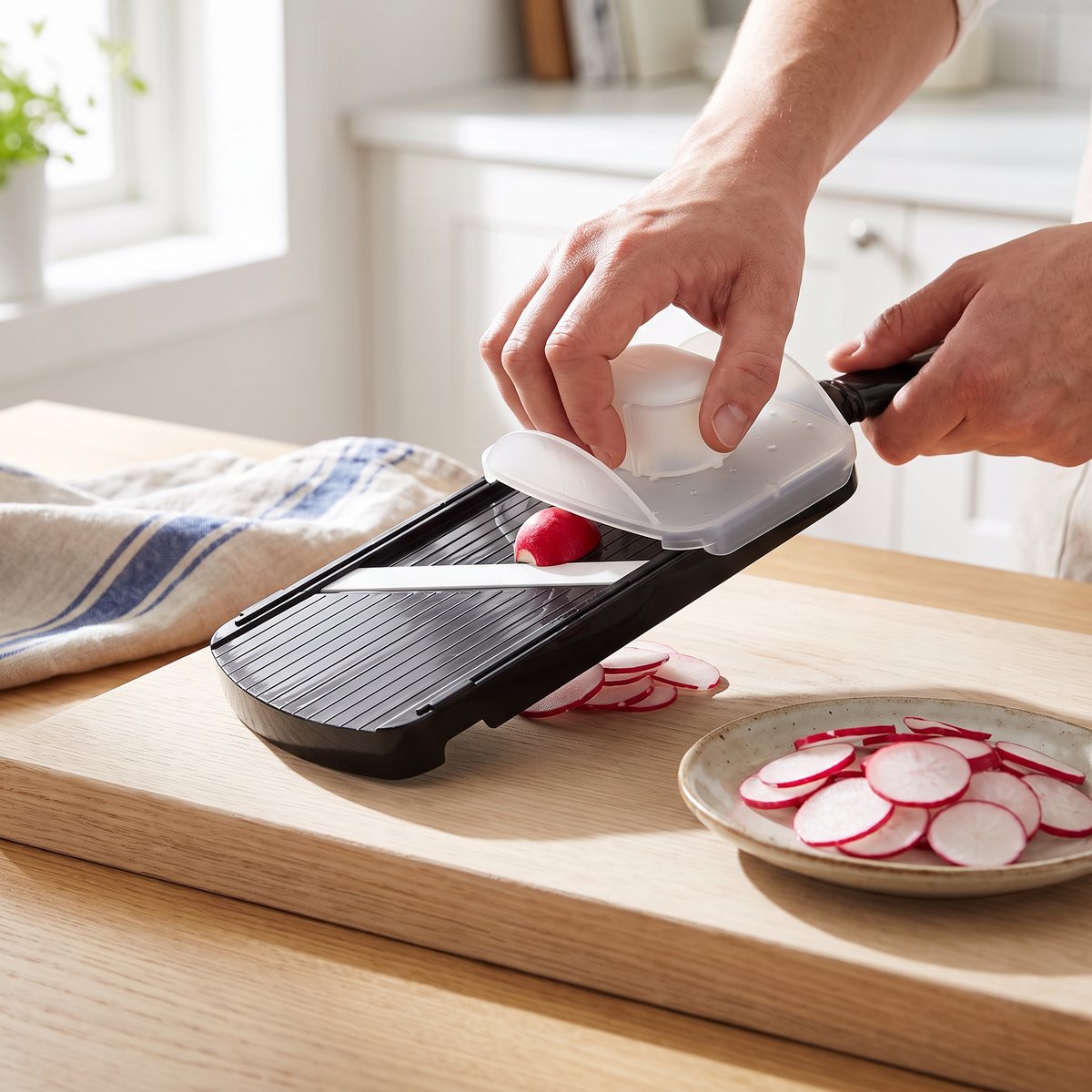 Kyocera-mandolin med keramiskt blad som skivar rädisor på en skärbräda i ett svenskt kök