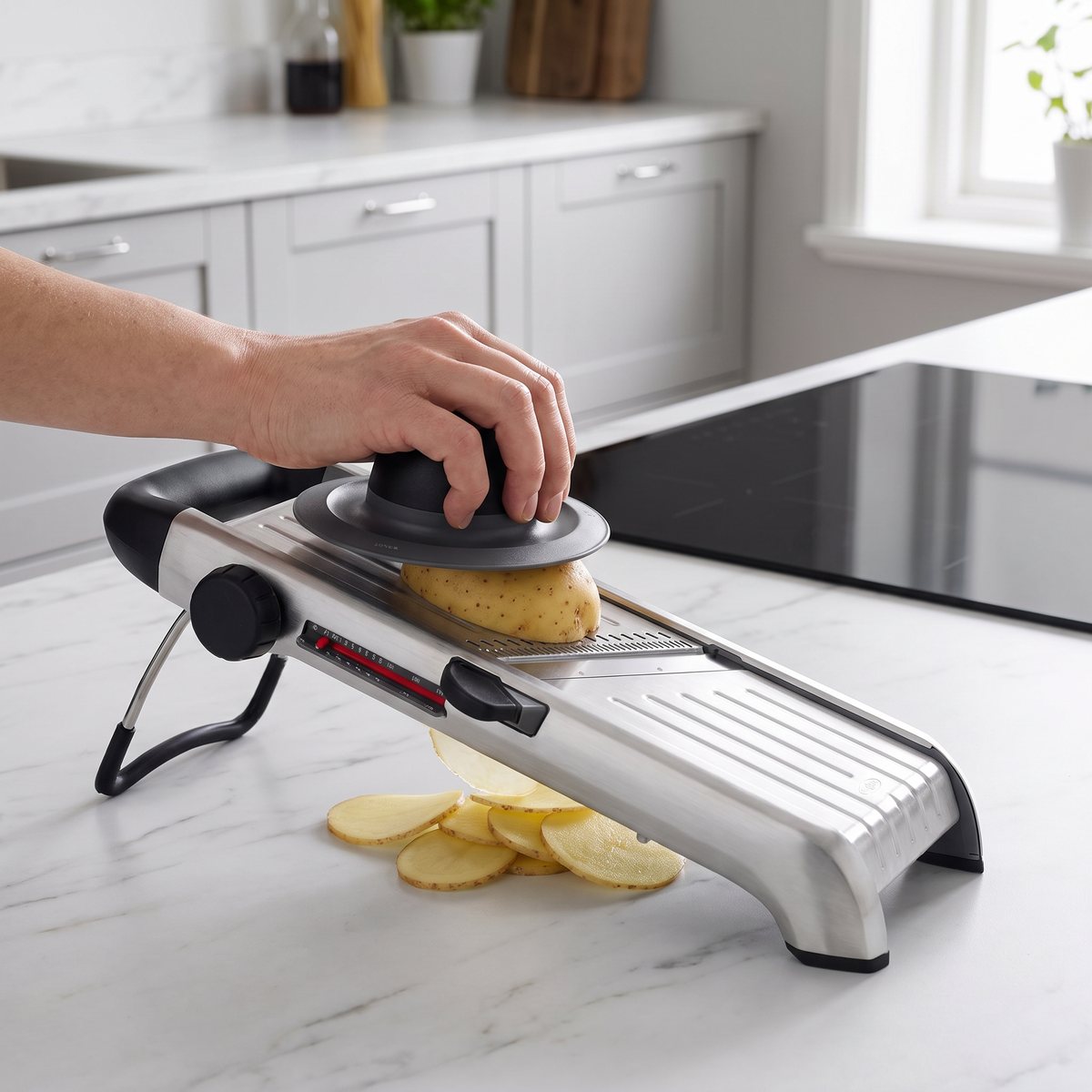 Oxo Chef's Mandolinjärn i rostfritt stål som skivar potatis på en bänkskiva i ett svenskt kök