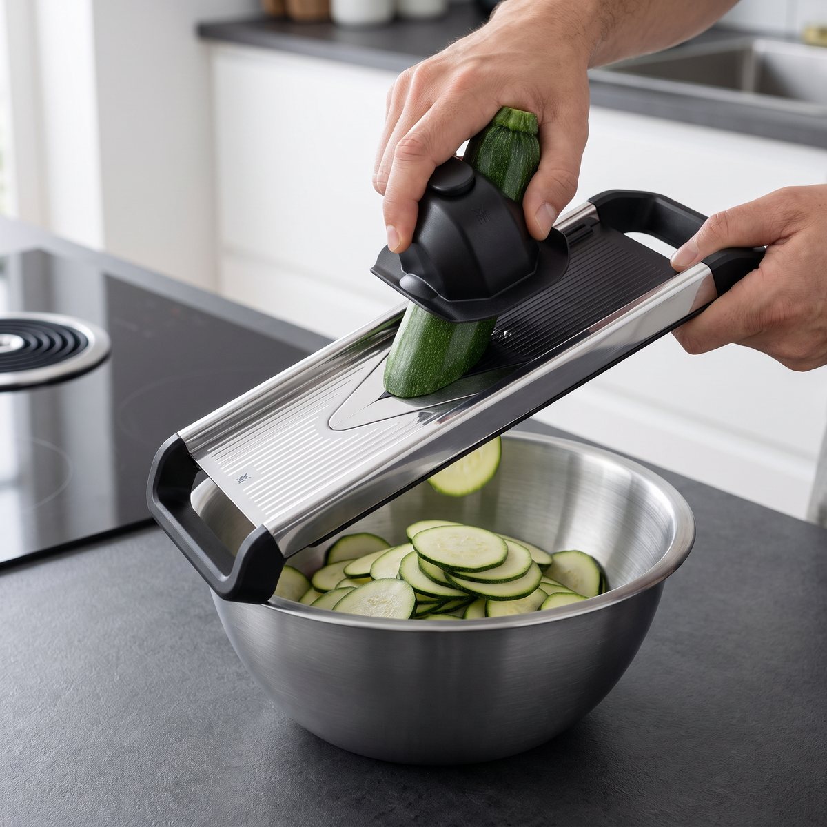 WMF mandolinjärn som skivar zucchini över en skål i ett svenskt kök