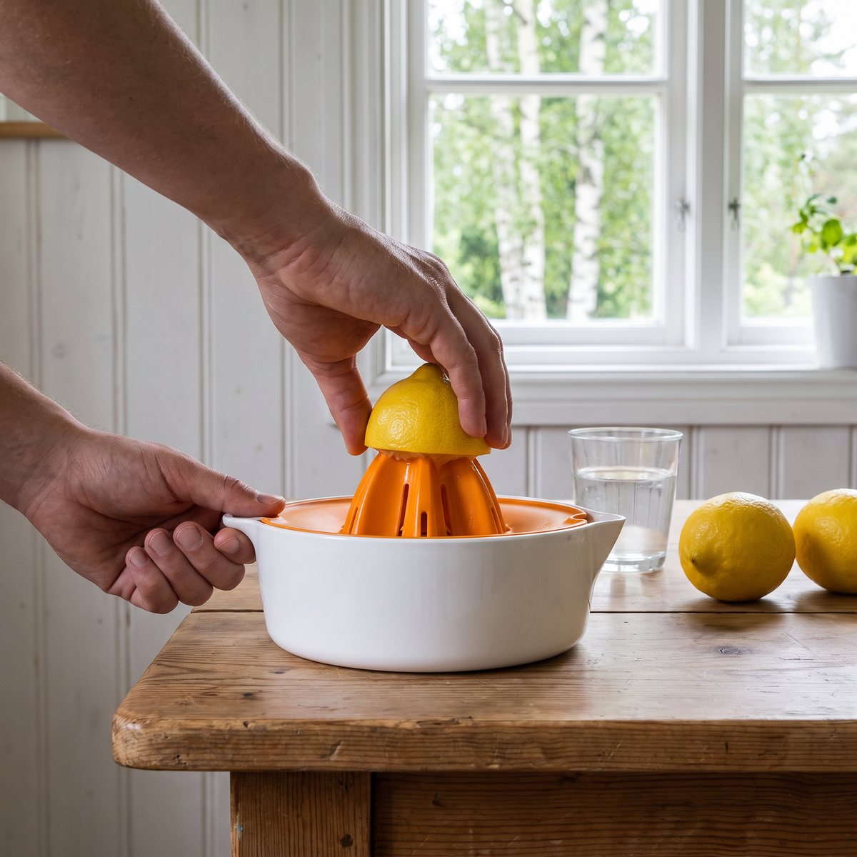 Citronhalva pressas på Fiskars Functional Form juicepress med vit skål och orange kupol i ett svenskt sommarstugekök.