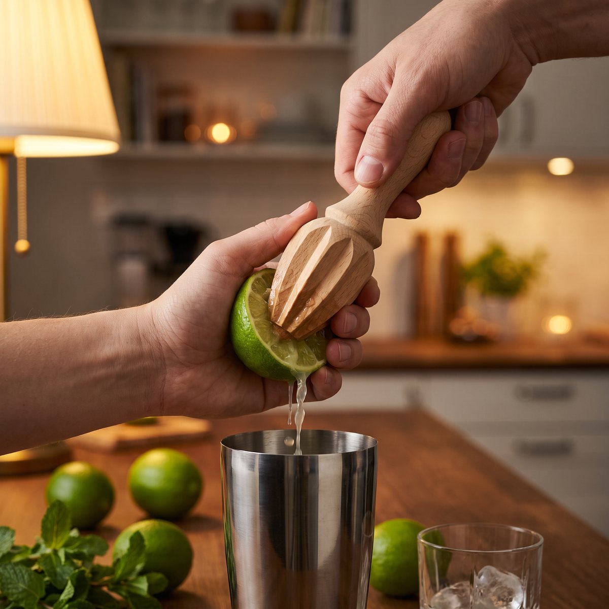 Händer vrider Kockums träpress av bok i en halv lime över en cocktailshaker på en köksbänk i kvällsljus.