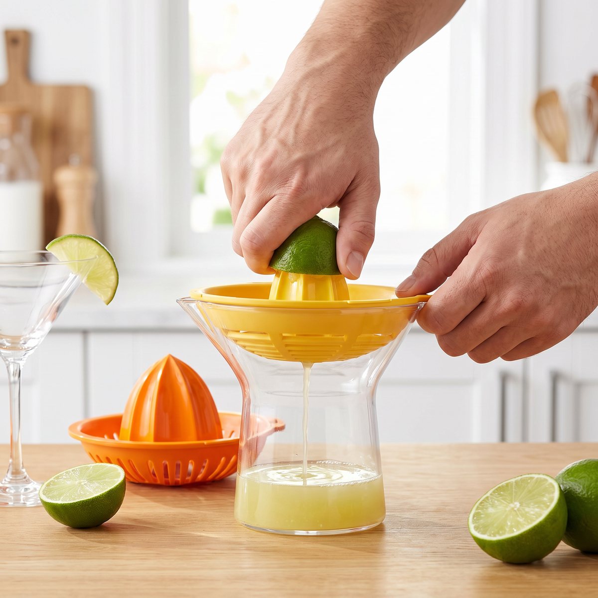 Hand pressar en halv lime på OXO 2-in-1 citruspressens gula kupol i ett ljust svenskt kök, med den större orange kupolen bredvid.