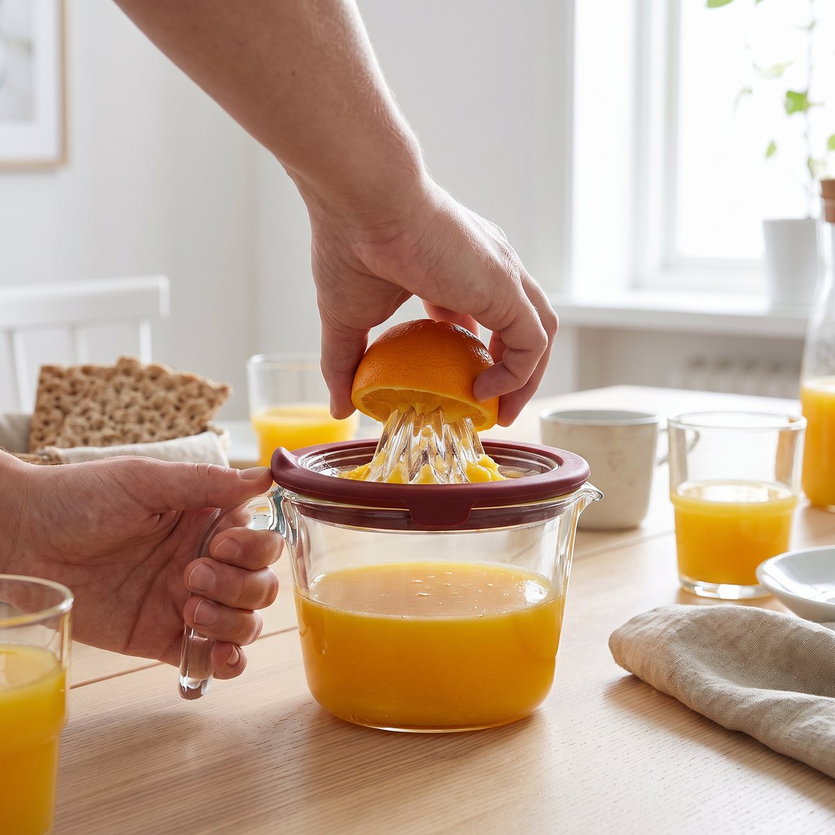 Apelsin pressas på Pebbly-pressens glaskupol ner i glaskannan på ett brunchbord i ett ljust svenskt hem.