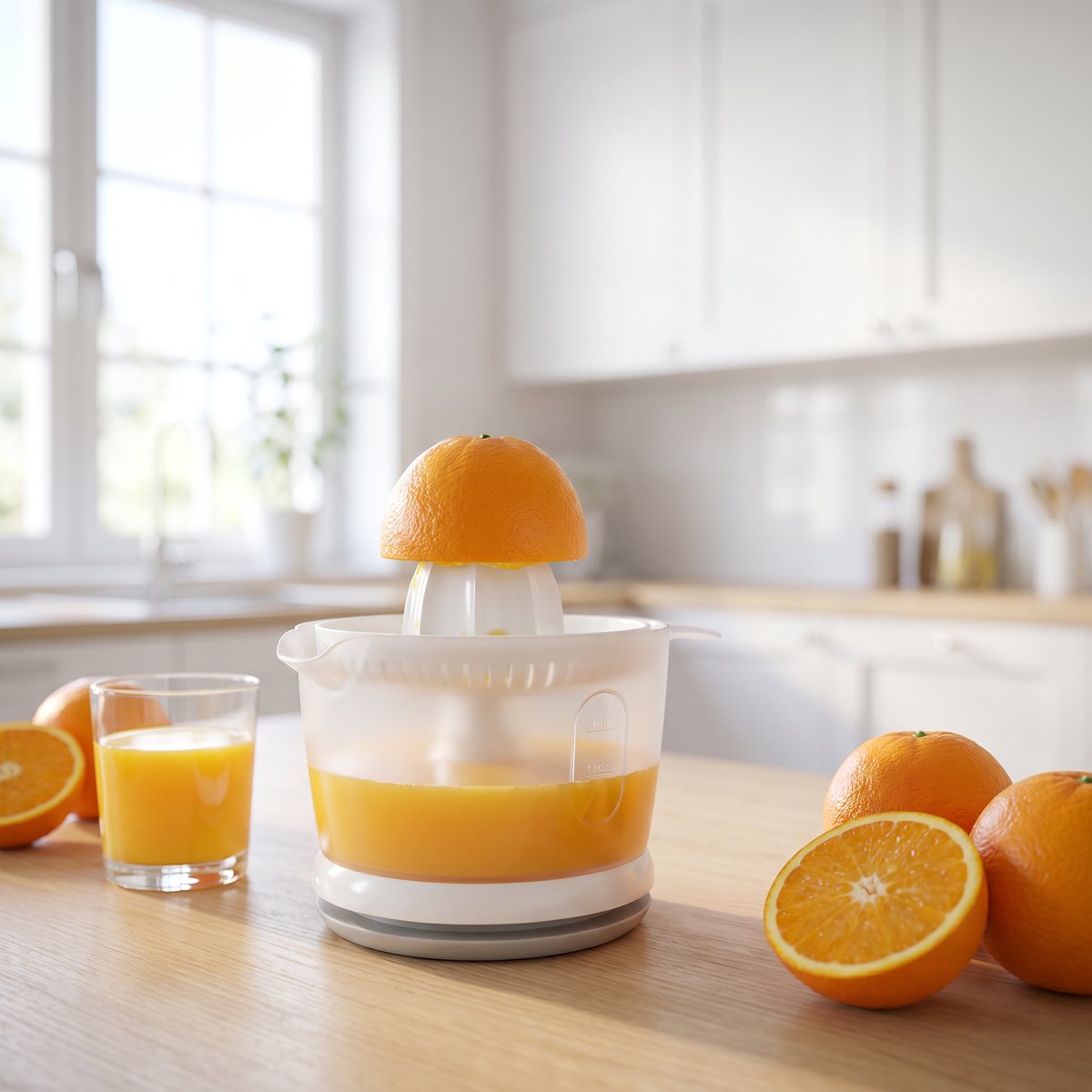 Vit elektrisk citruspress från Philips med kanna på ett träbord i ett ljust svenskt kök, med apelsiner och ett glas juice bredvid