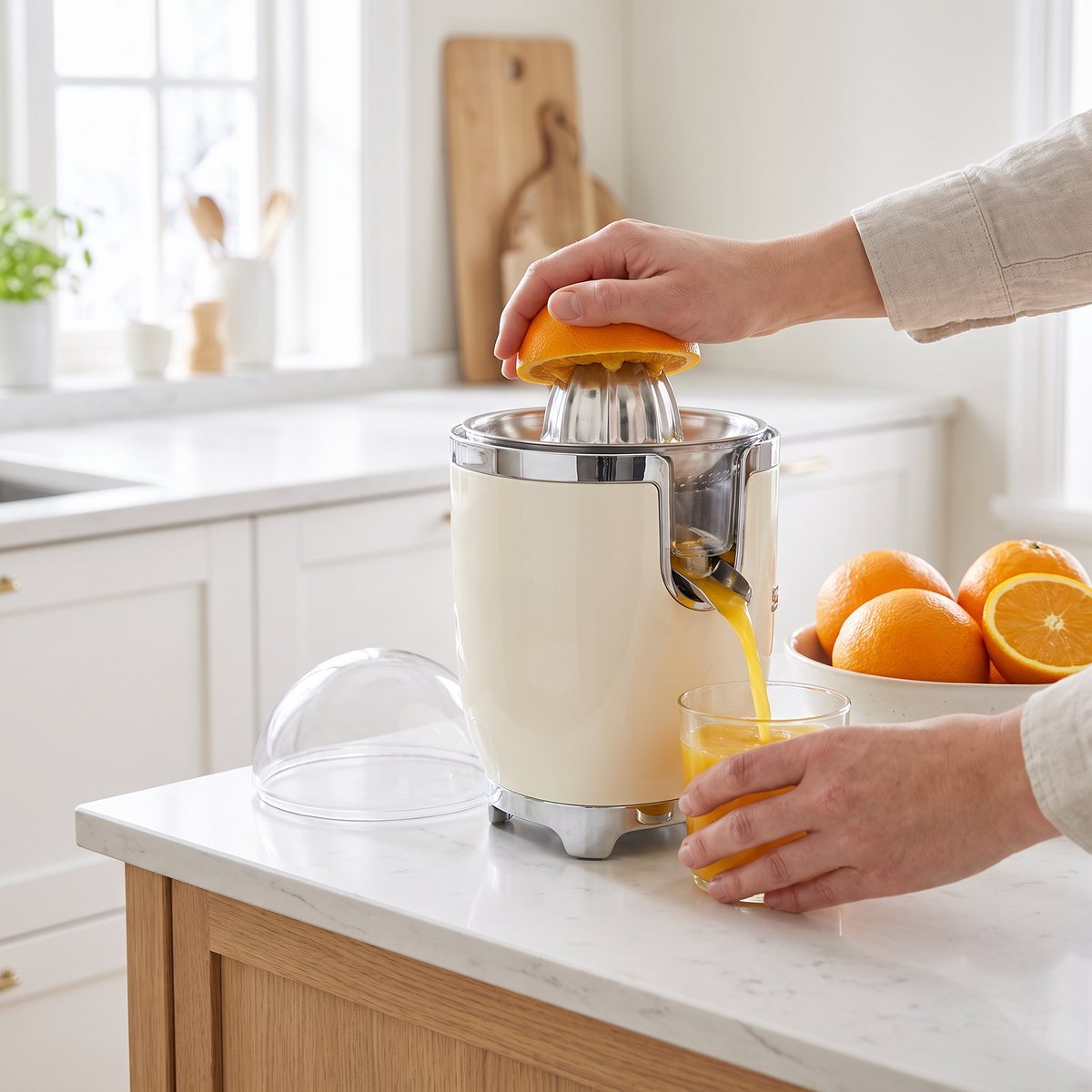 Apelsinhalva pressas på Smeg 50's Style citruspress i krämvitt medan juicen rinner ner i ett glas i ett ljust svenskt kök.