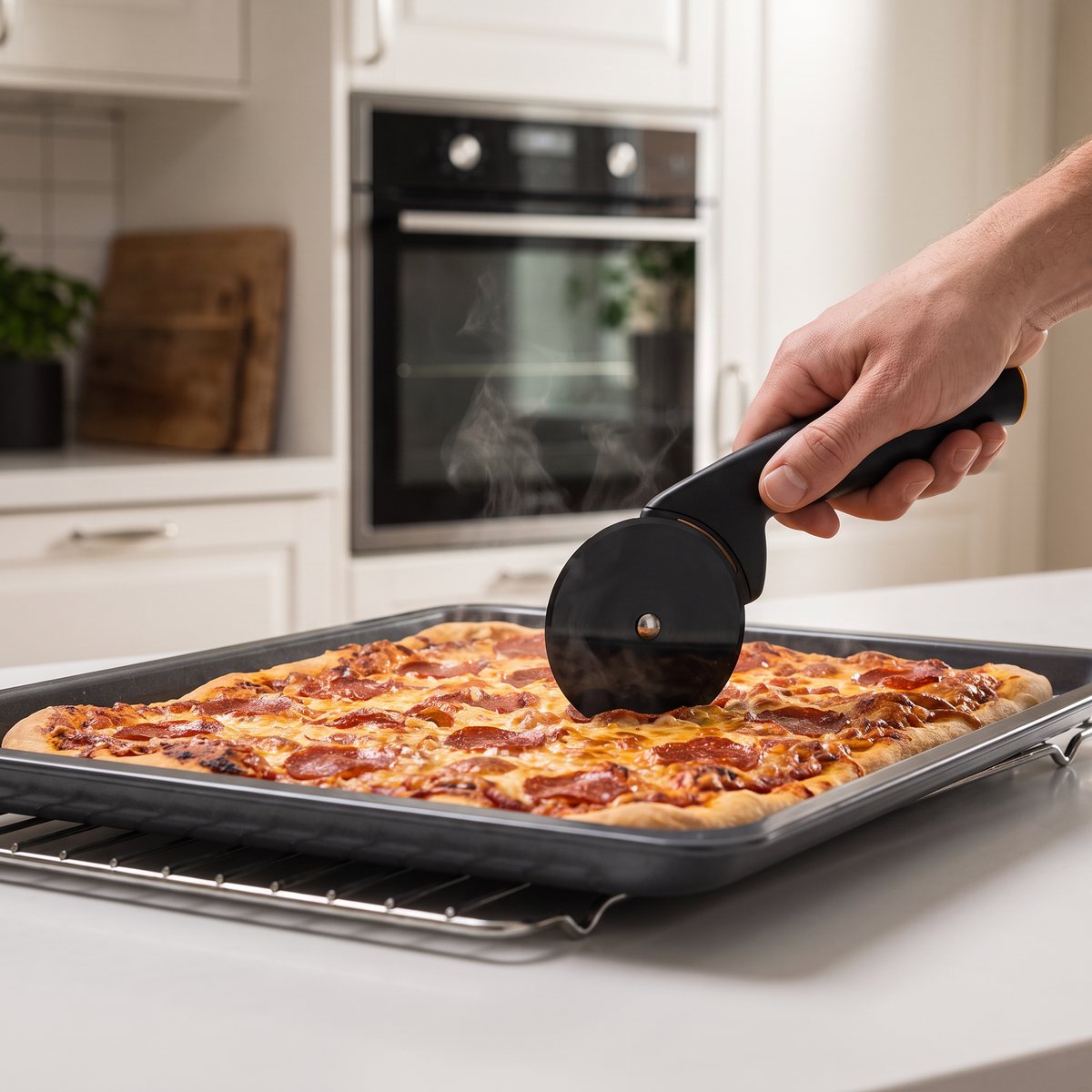 Fiskars Functional Form pizzaskärare i svart skär en långpannepizza direkt på en non-stick-plåt i ett ljust svenskt kök