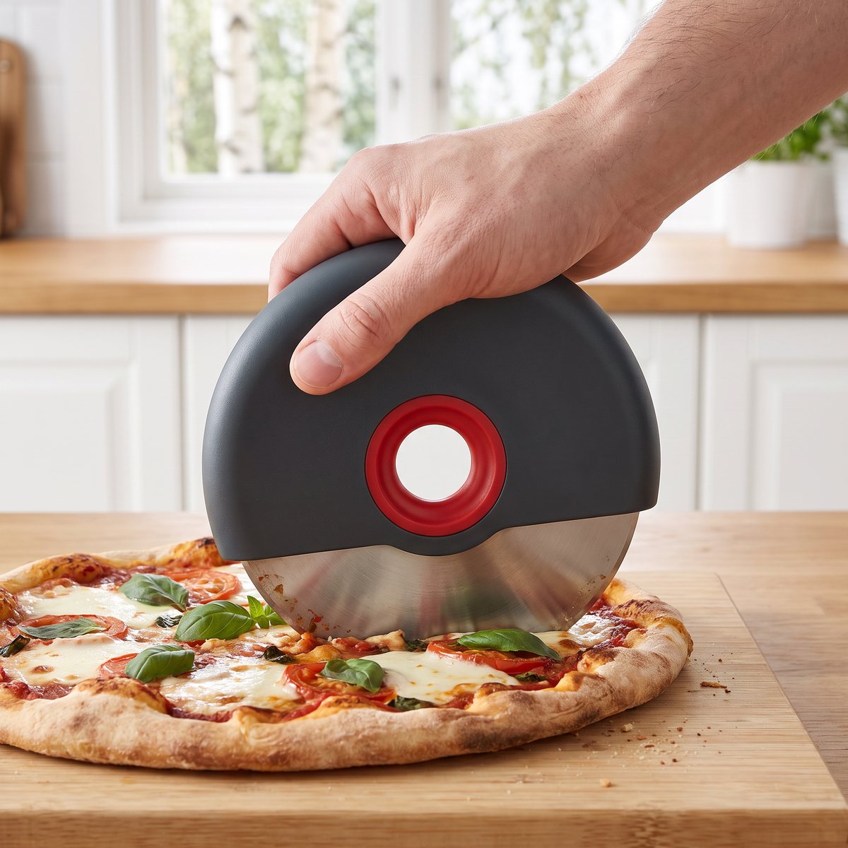 Joseph Joseph Disc Easy-Clean med grått halvrunt handtag och röd mittring skär en pizza på en skärbräda i ett svenskt kök
