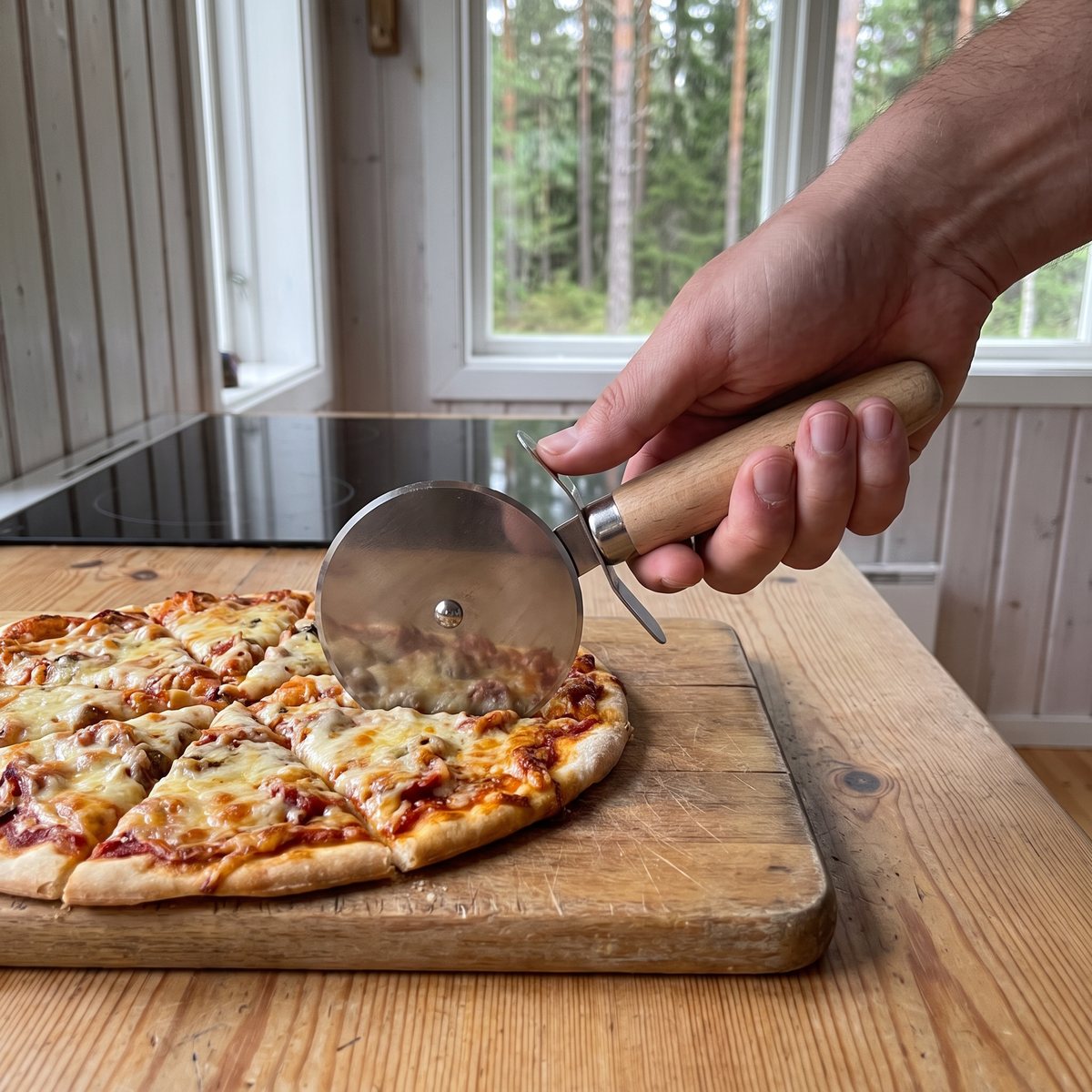 Kockums Jernverk pizzaskärare med handtag i bok skär en hemgjord pizza på en sliten skärbräda i ett svenskt sommarstugekök