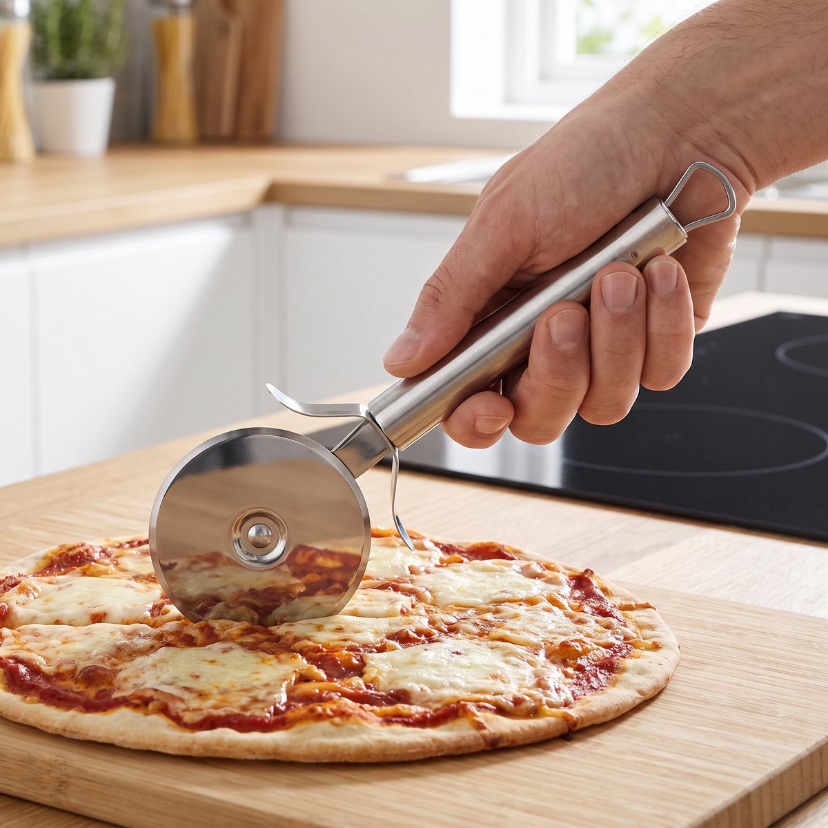 WMF Profi Plus pizzahjul i rostfritt stål skär en tunn hemgjord pizza på en skärbräda i ett ljust svenskt kök med induktionshäll