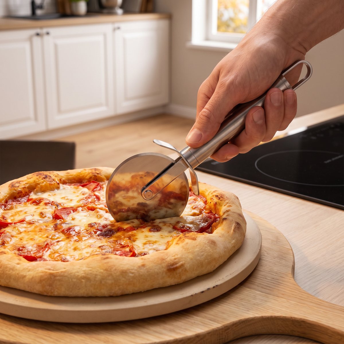Zwilling Pro pizzaskärare i rostfritt stål trycks genom en tjock pizzakant på en baksten i ett svenskt kök med induktionshäll