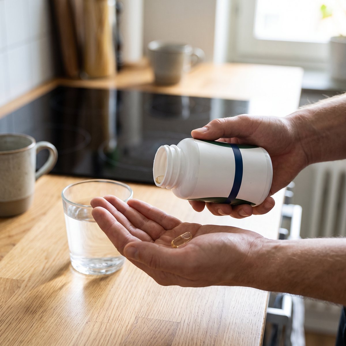 Hand som häller ut en kapsel ur Alpha Plus Omega-3 Plus-burken i ett svenskt kök