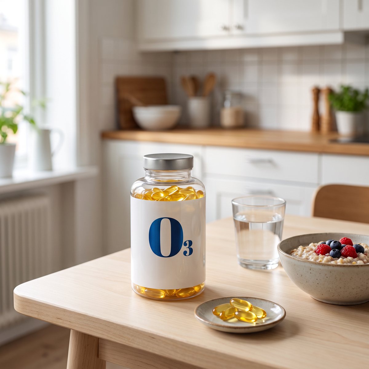BioSalma Omega-3 Forte-burk på ett frukostbord i ett svenskt kök med vatten och gröt