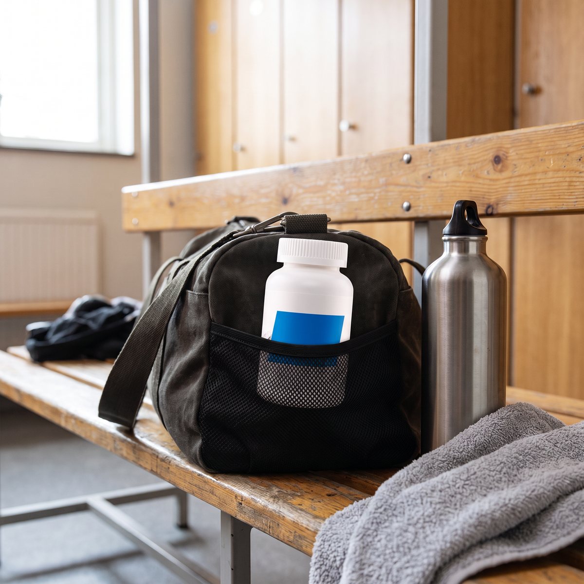 Core Omega-3+ i sidofickan på en gymväska i ett svenskt omklädningsrum
