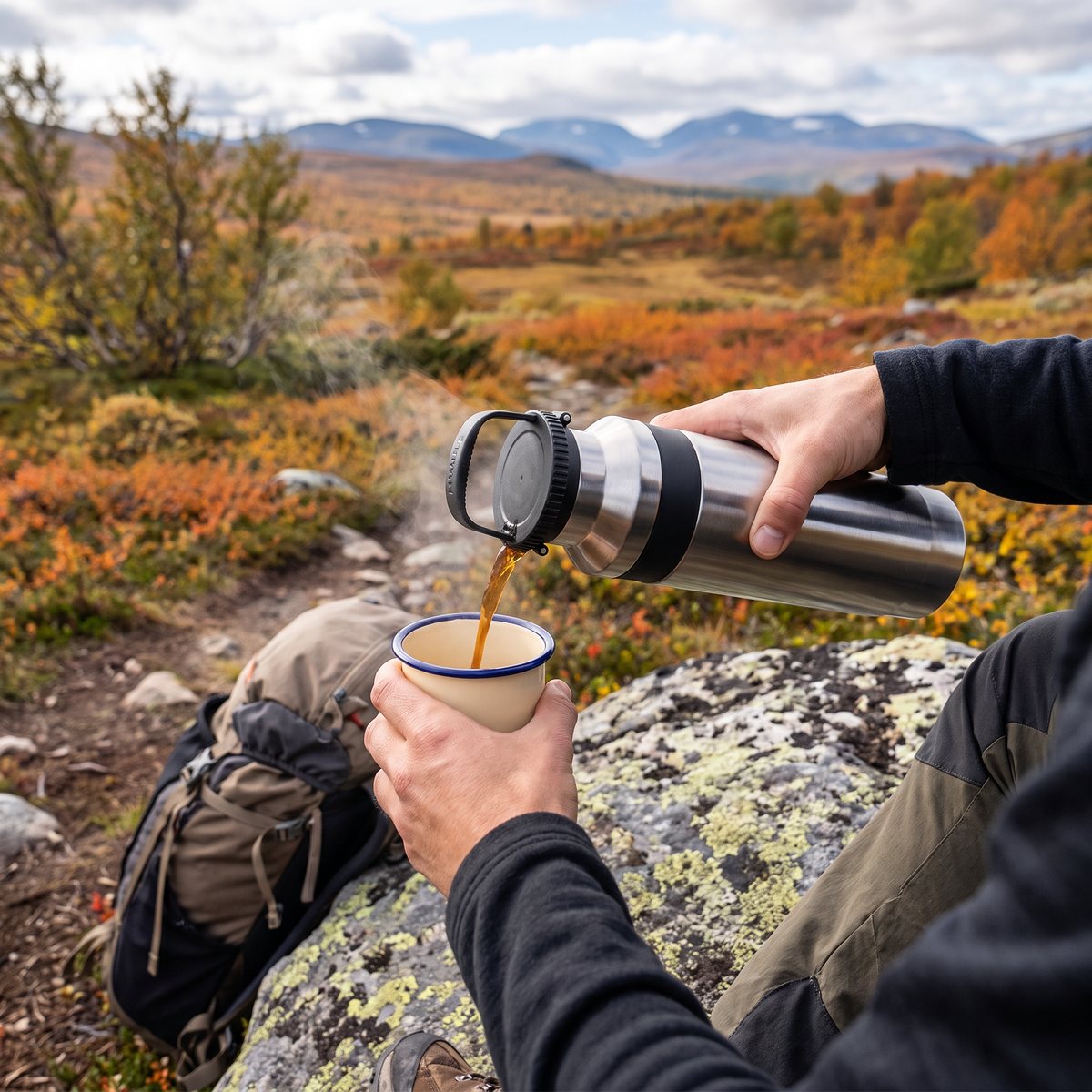 Primus Tufa termosflaska i rostfritt stål som häller kaffe i en emaljmugg under en rast på kalfjället