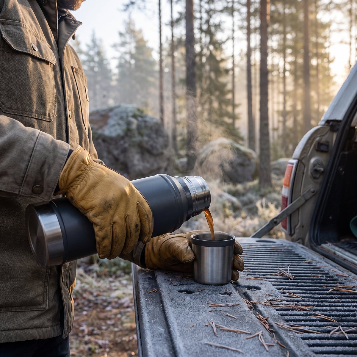Stanley Legendary Classic termos i gråsvart där kaffe hälls i den isolerade koppen på ett bakflak vid en frostig tallskog