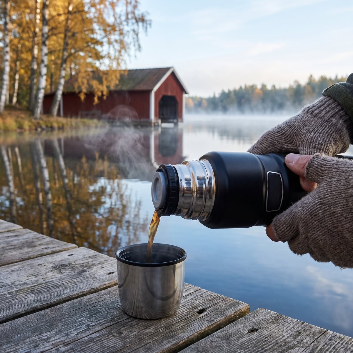 Mattsvart Thermos King termos som häller kaffe i muggen på en brygga vid en svensk sjö med rött båthus