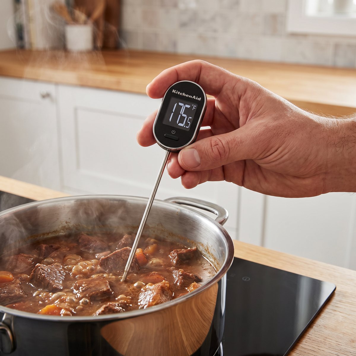 KitchenAid Instant Pivot som mäter temperaturen i en gryta med gryta på induktionshäll i ett svenskt kök