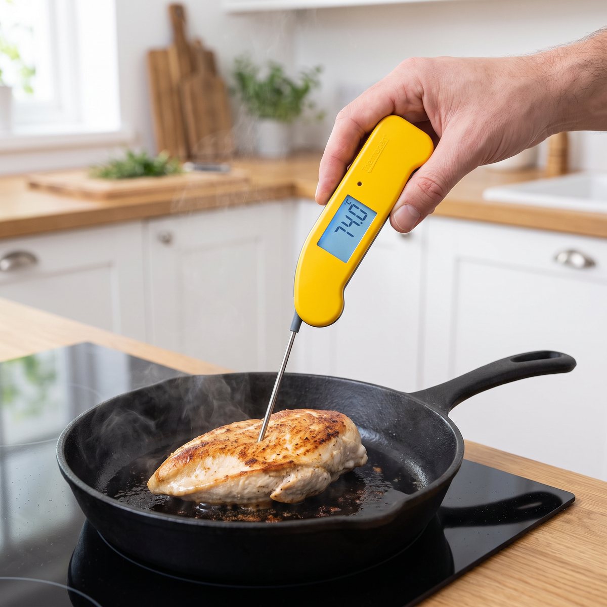 Gul Thermapen ONE som mäter temperaturen i en stekt kycklingfilé på en induktionshäll i ett svenskt kök