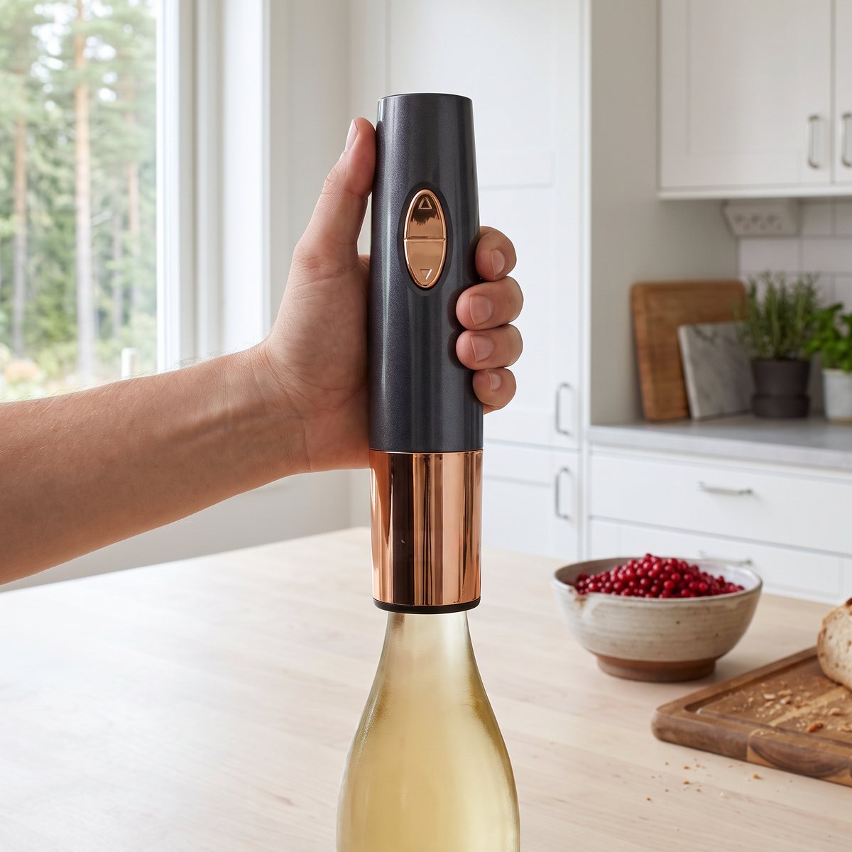 Cuisinart CWO50E vinöppnare i grafit och koppar som hålls över en vitvinsflaska på en ljus köksö i ett vitt svenskt kök med tallar utanför fönstret