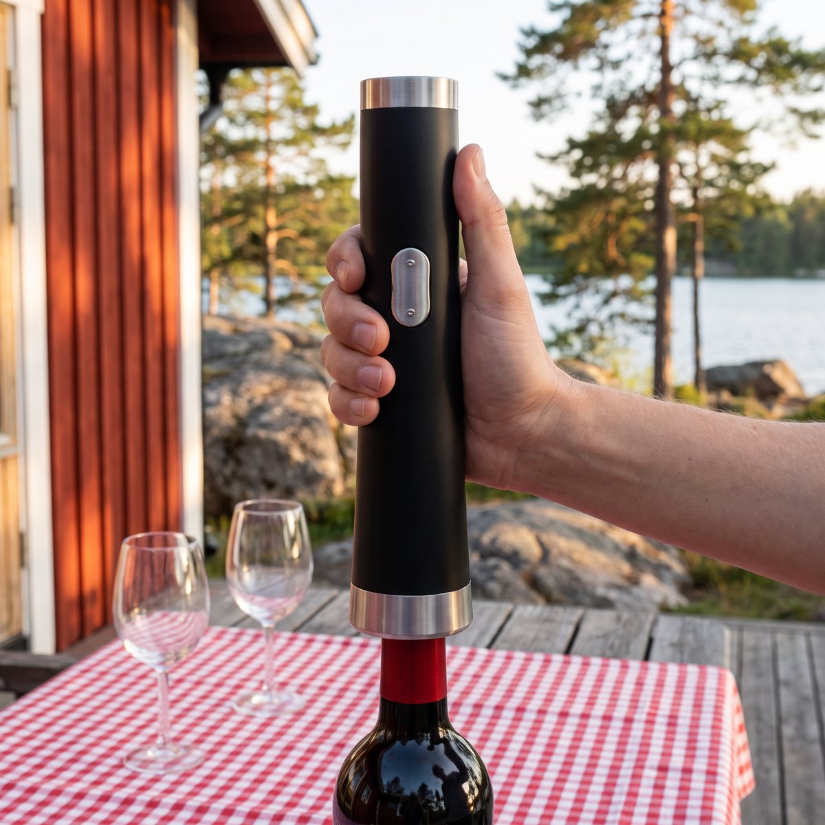 Svart Gadget Master elektrisk vinöppnare med stålkanter som hålls över en rödvinsflaska på en altan vid en röd stuga med tallar och sjö i bakgrunden