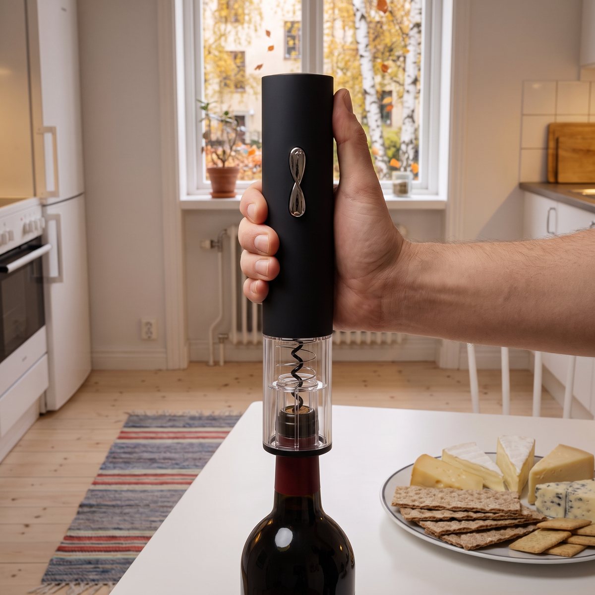 Svart Rubicson automatisk vinöppnare med genomskinlig nederdel som hålls över en rödvinsflaska vid ett köksbord med ost och knäckebröd i ett svenskt lägenhetskök