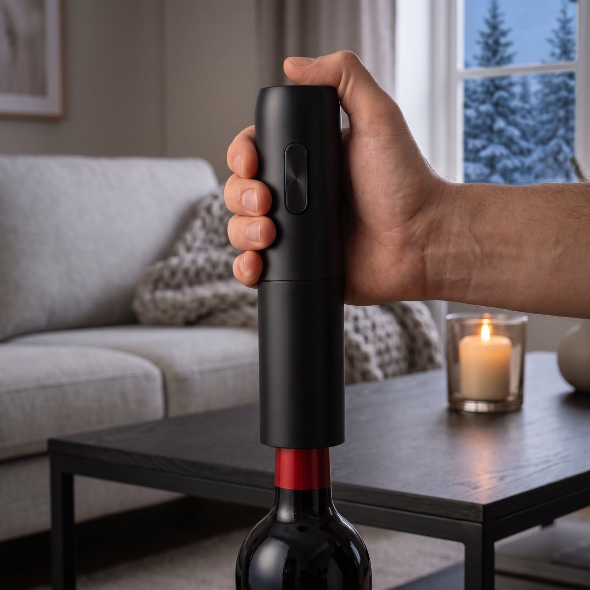 Svart Vacu Vin elektrisk vinöppnare som hålls över en rödvinsflaska vid ett soffbord i ett svenskt vardagsrum en snöig vinterkväll