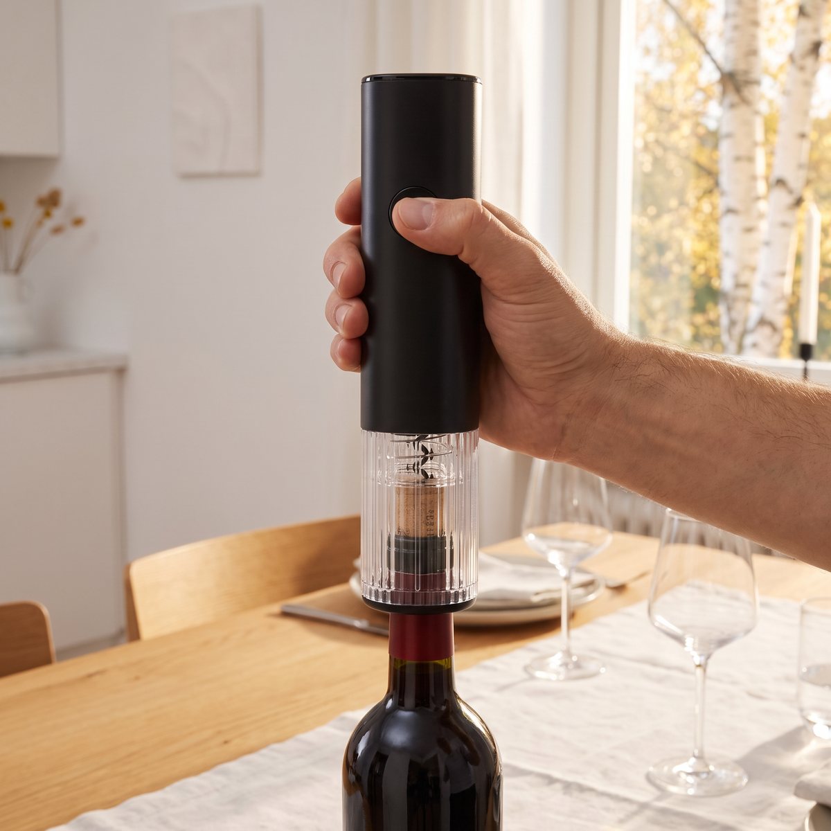 Svart Zwilling Enfinigy elektrisk vinöppnare som hålls över halsen på en rödvinsflaska vid ett ekbord i en ljus svensk lägenhet med björkar utanför fönstret