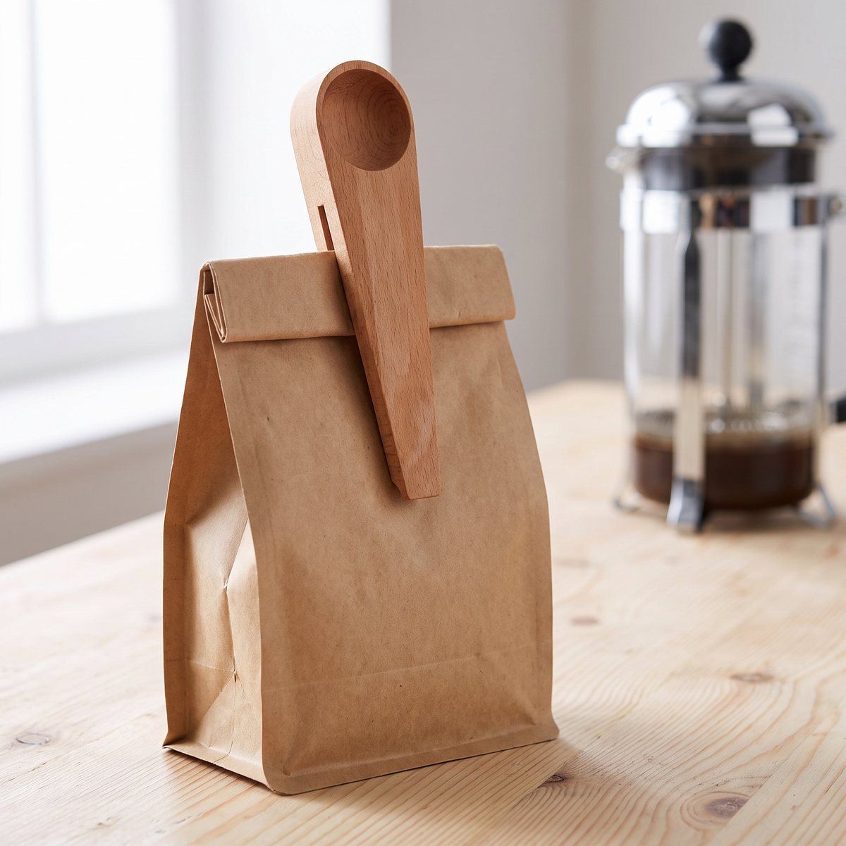 Måttsked i bokträ med inbyggd förslutning fastklämd på en kaffepåse på ett furubord i ett svenskt hem