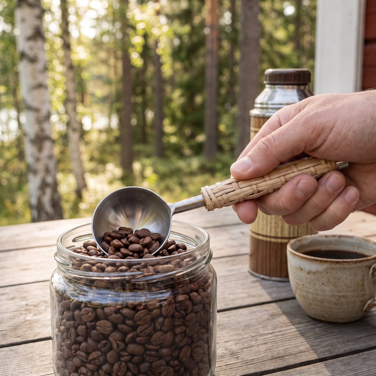 Kaffemått i stål med flätat sjögräshandtag som skopar kaffebönor ur en glasburk på en svensk veranda med björk och tall