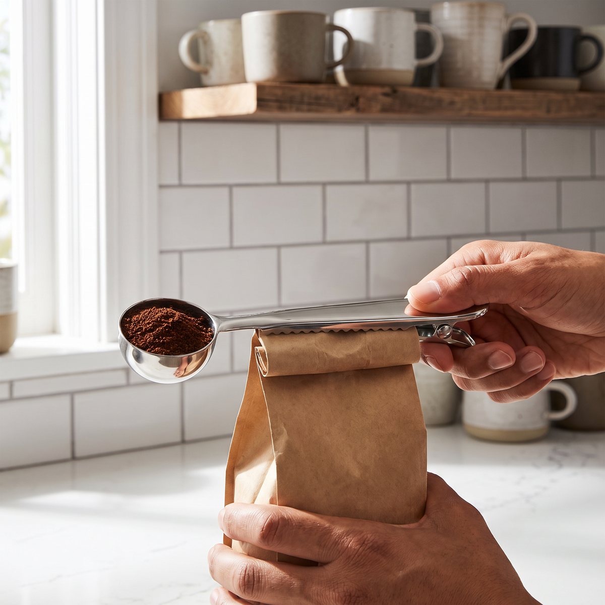 Kaffemått i blankt stål med inbyggd klämma fastsatt på en kaffepåse i ett ljust svenskt kök