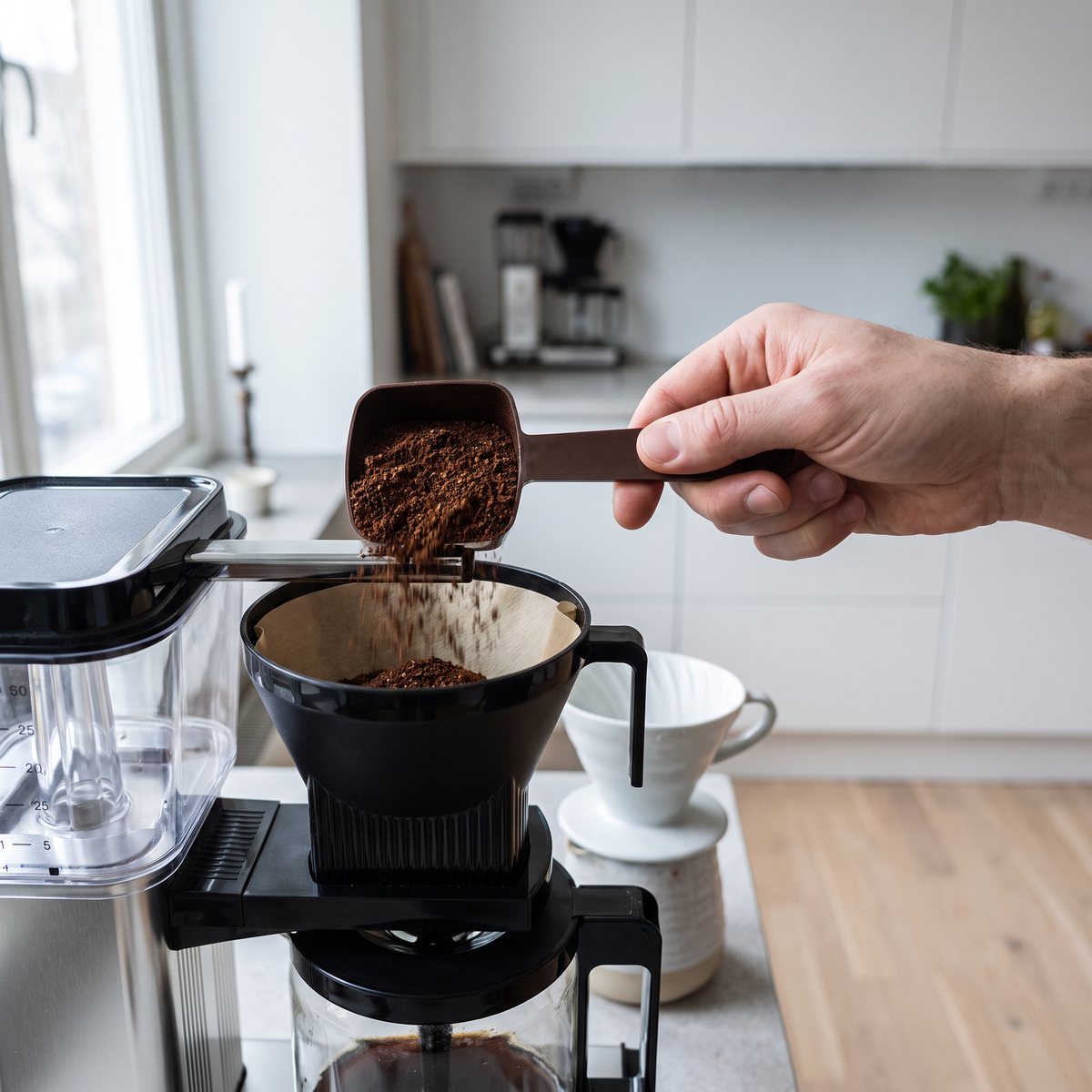 Brun måttsked i plast som tömmer mald kaffe i filterhållaren på en kaffebryggare i ett svenskt kök