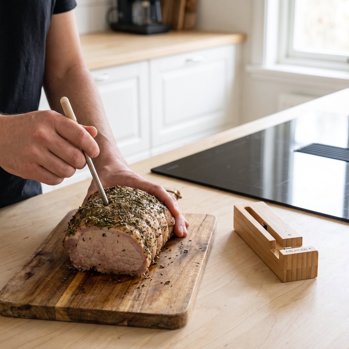 Meater Plus, trådlös stektermometer med bambuladdare, en sticksond i en fläskstek på skärbräda i ett svenskt kök
