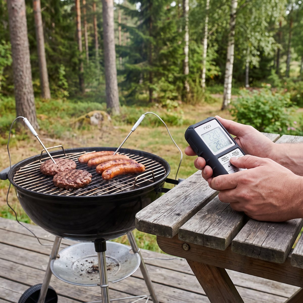 Nod trådlös grilltermometer med två sonder, hamburgare och korv på en grill på ett trädäck vid svensk skog