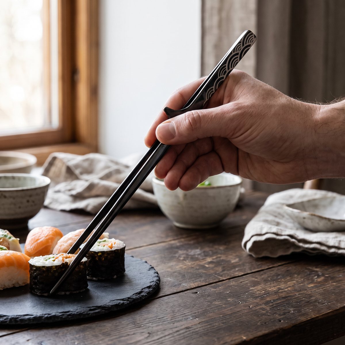 Satake svart kockpincett som arrangerar sushi på ett skifferfat på ett mörkt matbord i ett svenskt hem