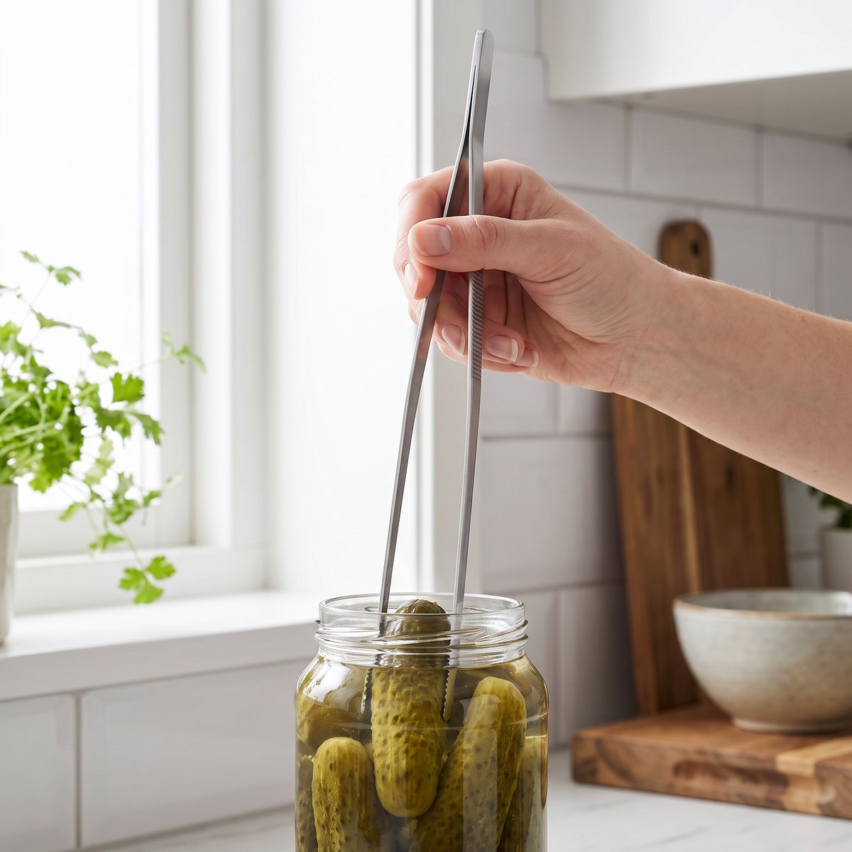 Scanpan kockpincett i rostfritt stål som plockar en saltgurka ur en hög glasburk på en svensk köksbänk