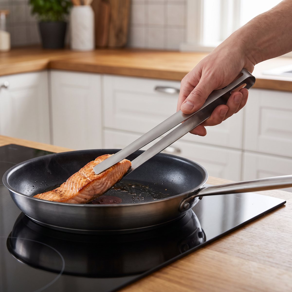 Zwilling Pro pincett i borstat rostfritt stål som vänder en laxbit i en stekpanna på induktionshäll i ett svenskt kök