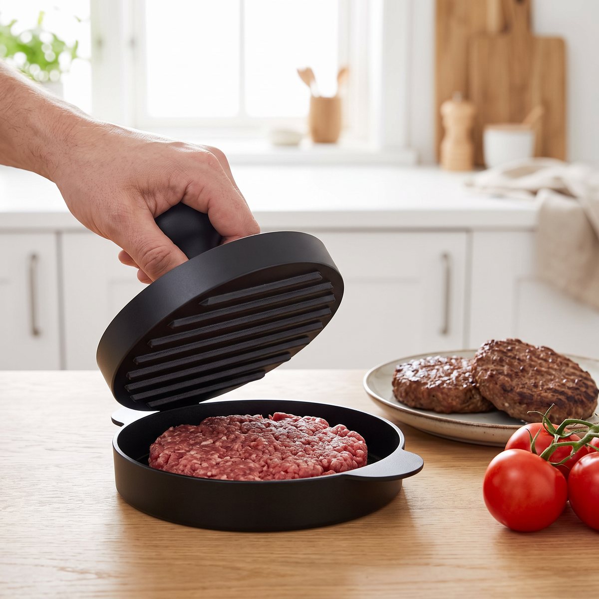 Svart formpress i aluminium med nonstick-beläggning öppen med köttfärs på ett ekbord i ett svenskt kök