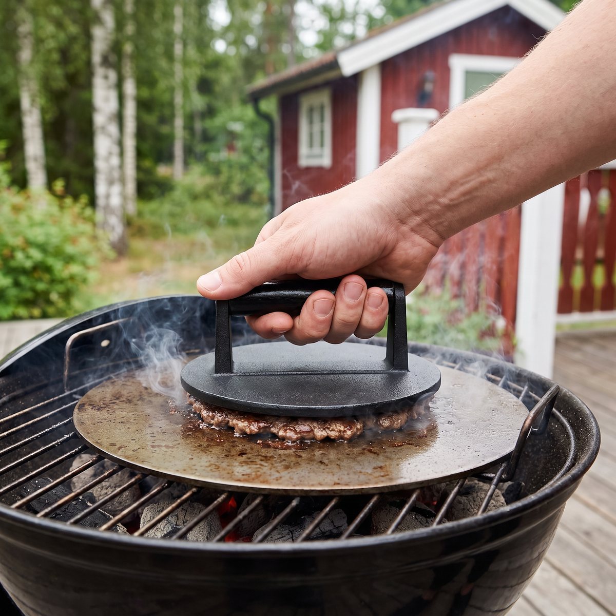 Rund svart gjutjärnspress med handtag som pressar en smashburgare på en grill vid en röd stuga i svensk natur