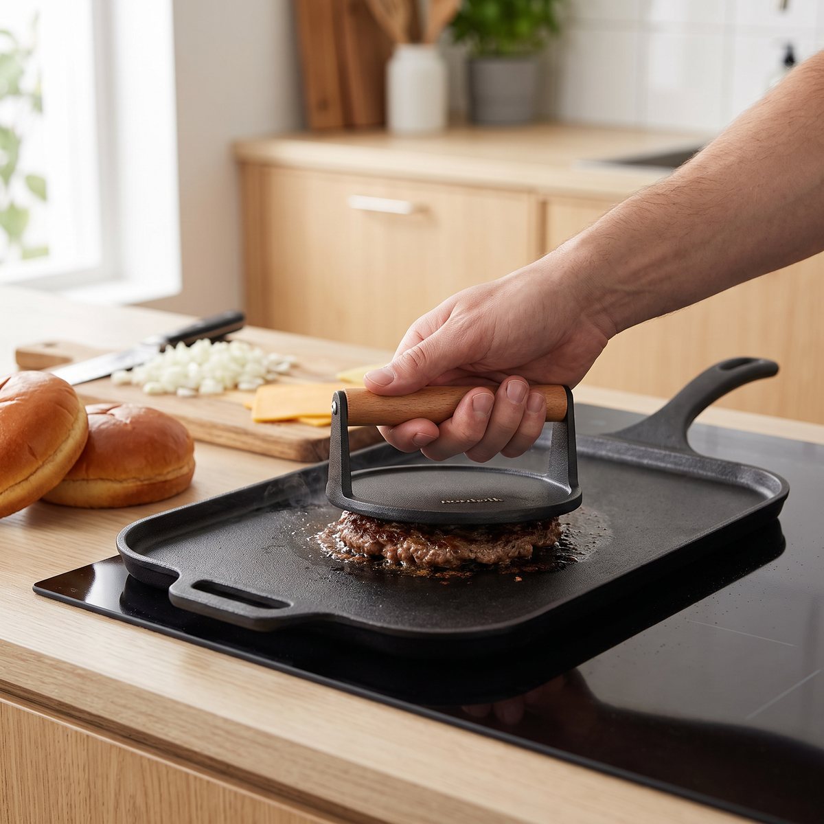 Svart gjutjärnspress med trähandtag som pressar en smashburgare på en gjutjärnsplatta på en induktionshäll i ett svenskt kök