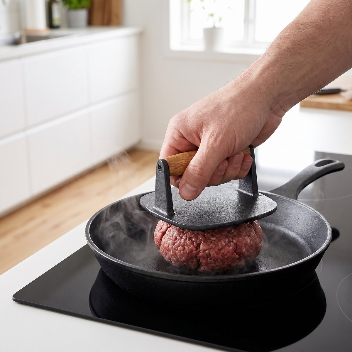 Svart gjutjärnspress med knottrig undersida och trähandtag som pressar en köttbiff i en gjutjärnspanna på en induktionshäll i ett svenskt kök