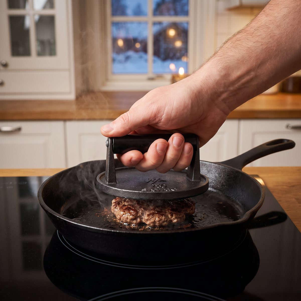 Liten svart gjutjärnspress som pressar en smashburgare i en stekpanna på en induktionshäll i ett svenskt kök en vinterkväll