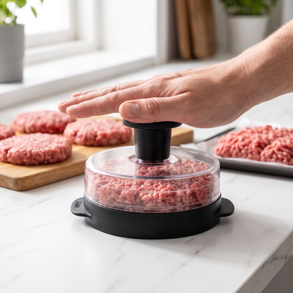 Formpress i plast med svart knopp fylld med köttfärs på en köksbänk i ett ljust svenskt hem