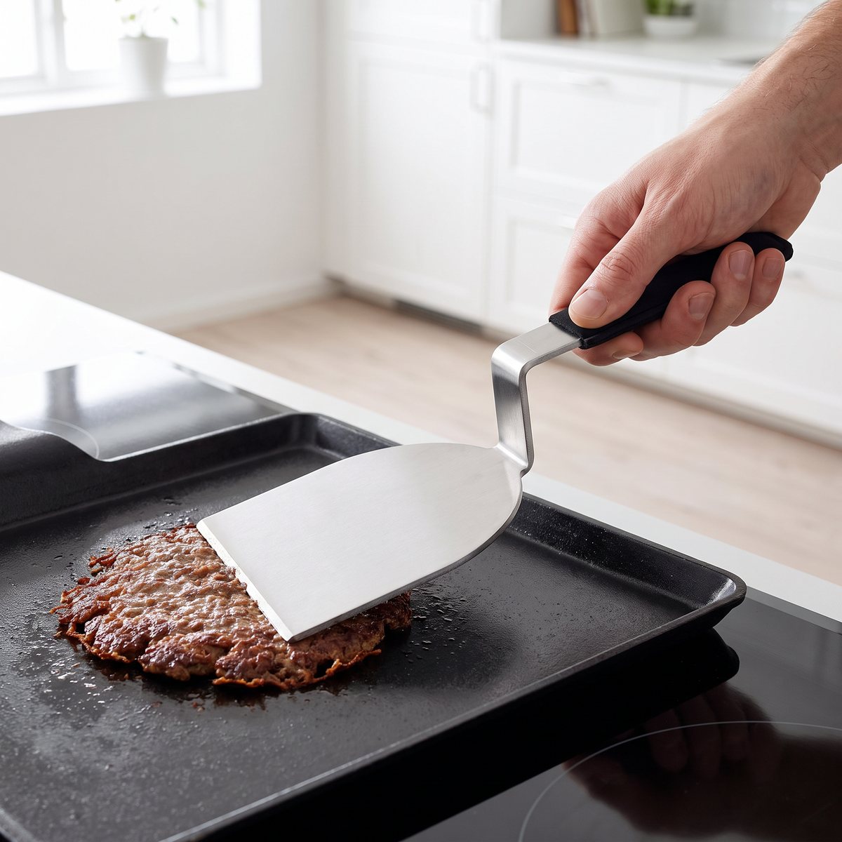 Kockums Jernverk smashjärn med grillspade som lyfter en krispig smashburgare från en stekplåt på induktionshäll i ett svenskt kök