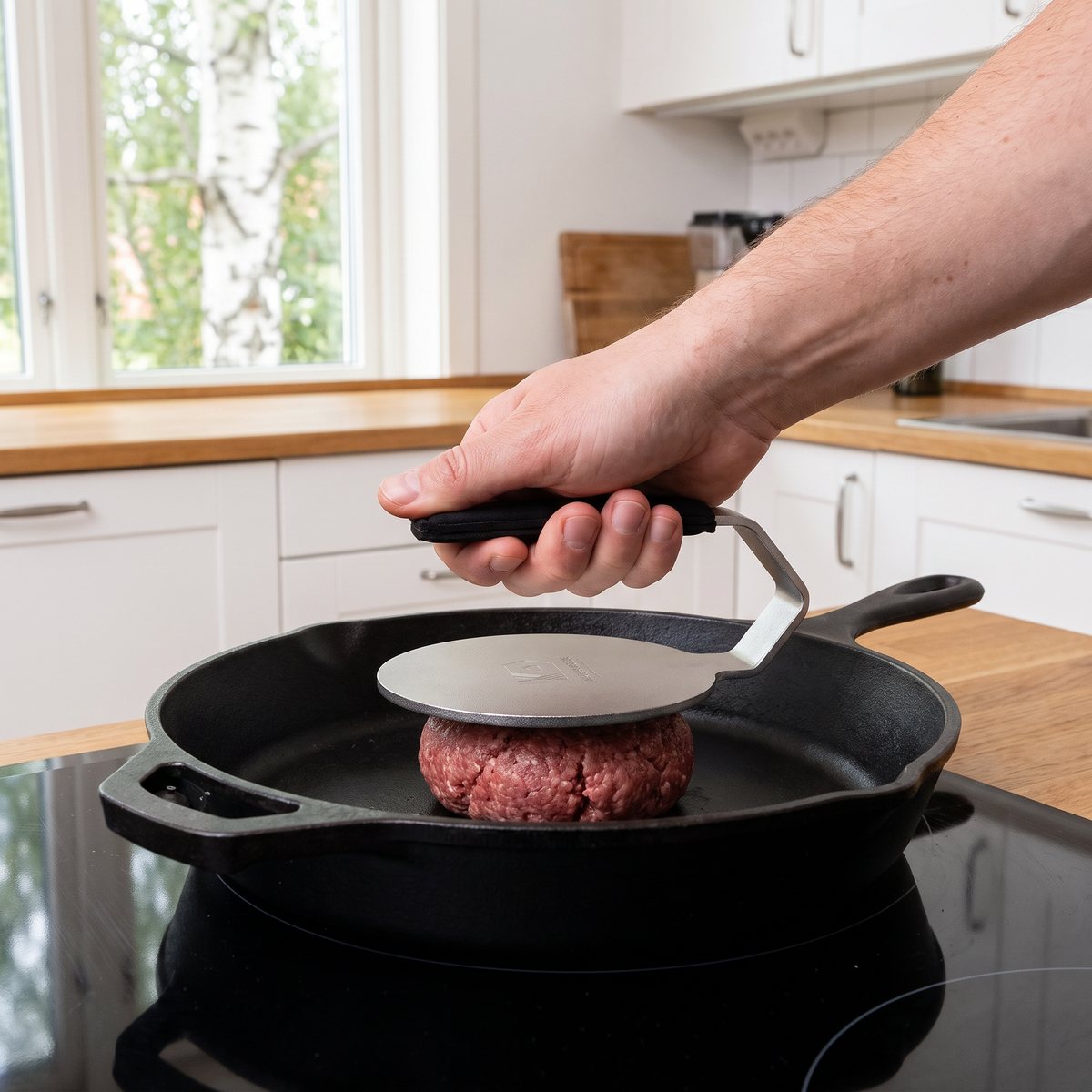 Kockums Jernverk smashjärn med handtagsskydd av neopren som pressar en köttbulle i en gjutjärnspanna på induktionshäll i ett svenskt kök