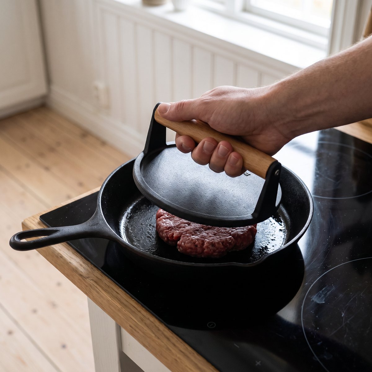 Nordwik Smash Burger hamburgerpress i gjutjärn med träskaft pressar en burgare i en gjutjärnspanna på induktionshäll i ett svenskt kök